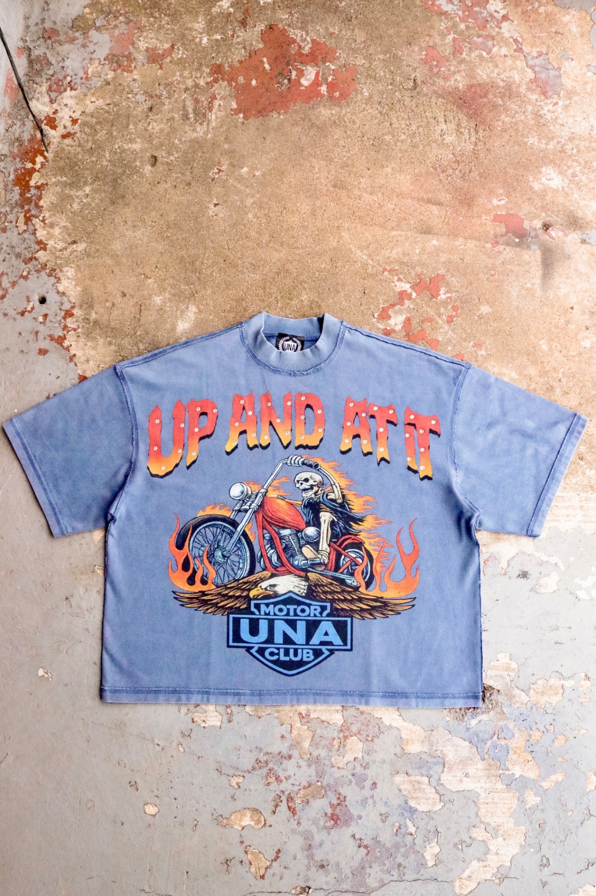 Faded blue Motor Club washed tee with skeleton rider graphic